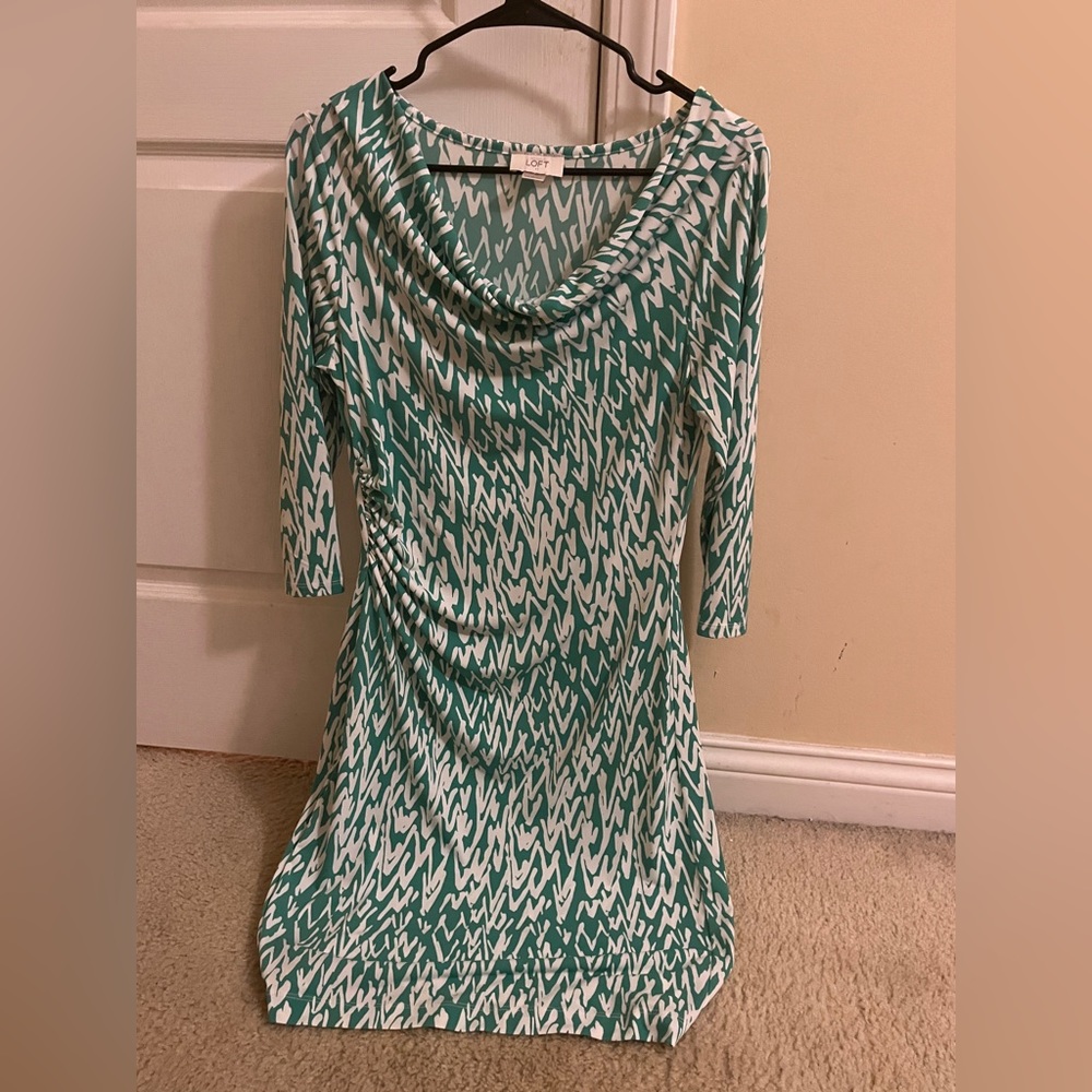 LOFT Green and White Geometric Boat Neck Dress